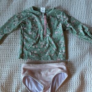 Ruffle Butts Girls Floral Rash Guard Set - Green & Pink